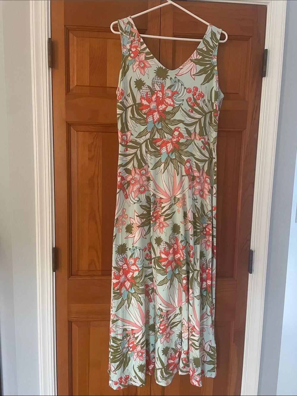 Talbots Mint Green Floral Maxi Dress with Coral and Olive Accents